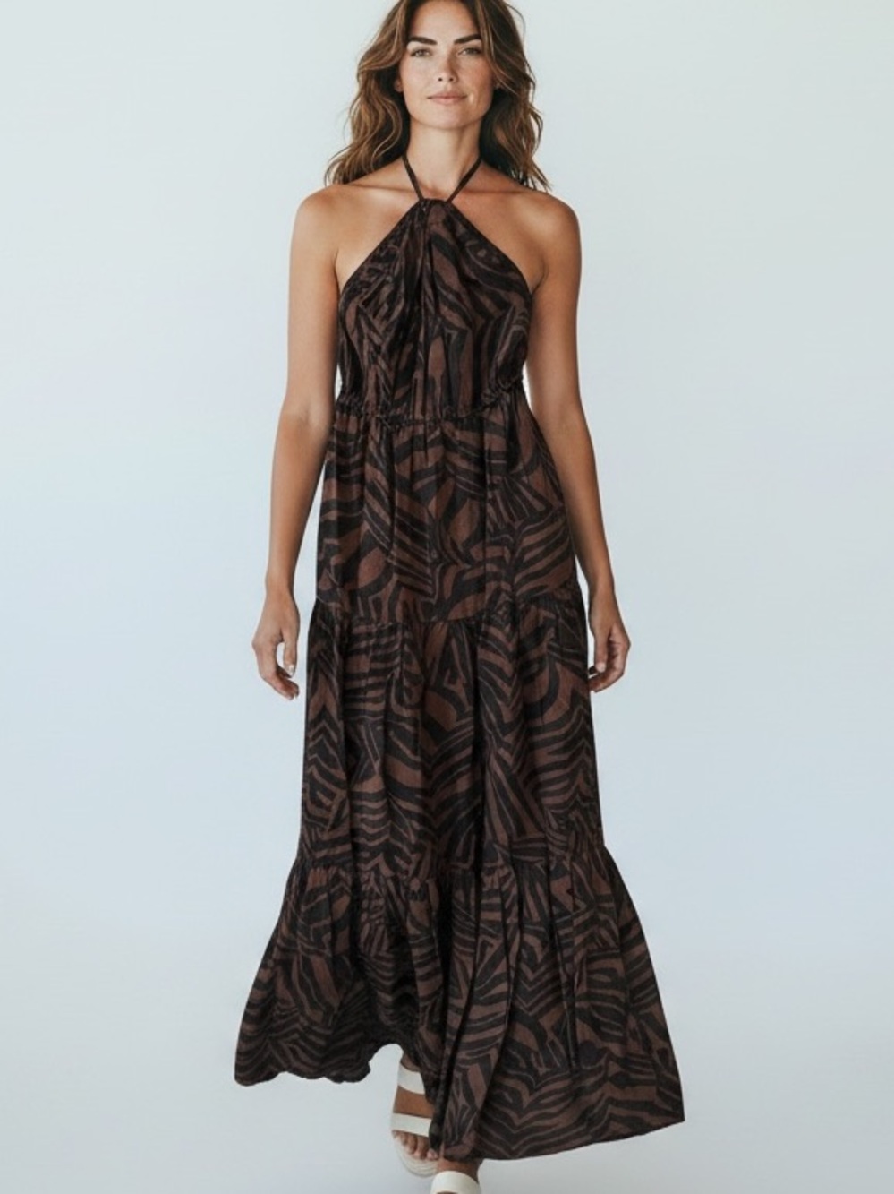 Nicole Miller New York DarkTiger Striped Halter MaxiDress Quiet Lux Vacationcore